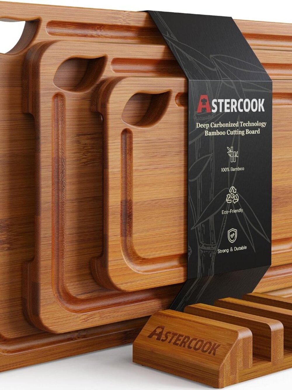 Deep-Carbonized Bamboo Cutting Boards for Kitchen with Wood Storage Stand, Rever